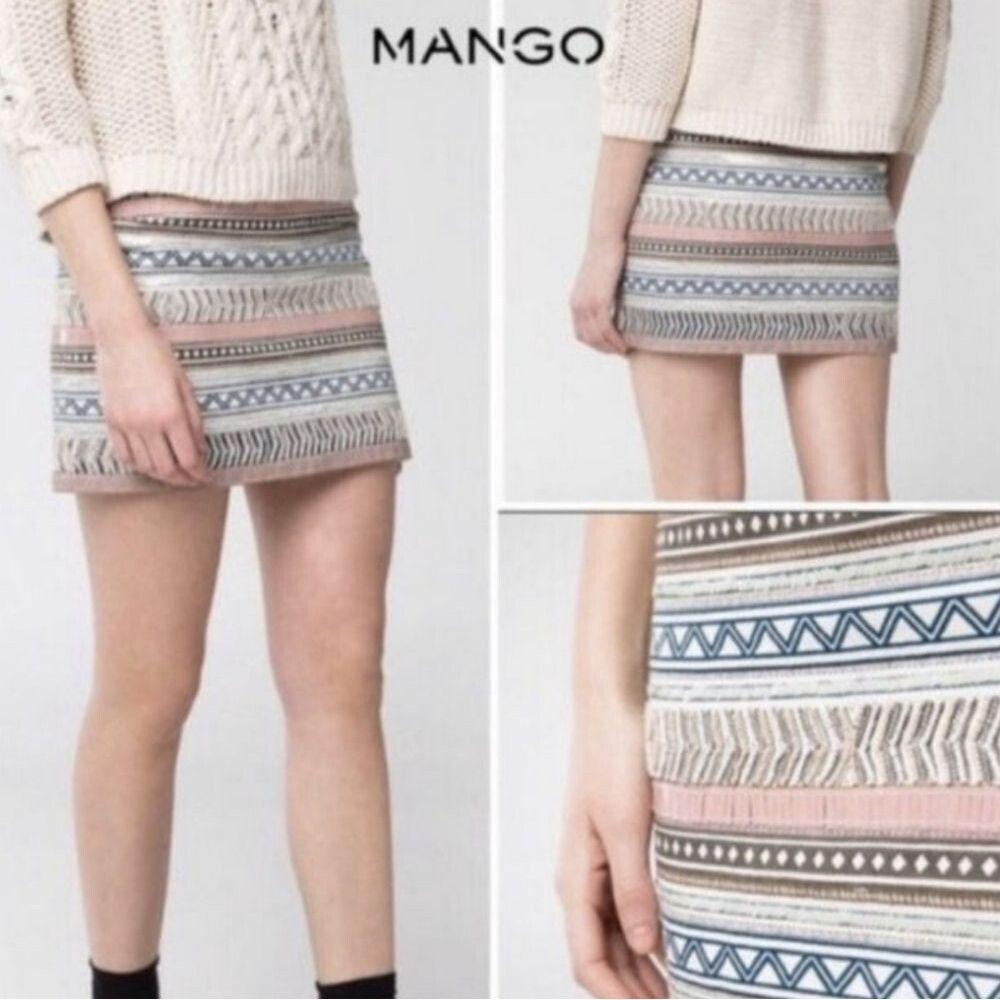 Mango | Women's | Geometric Aztec Beaded Sequined Skirt | Black Pink Grey brown